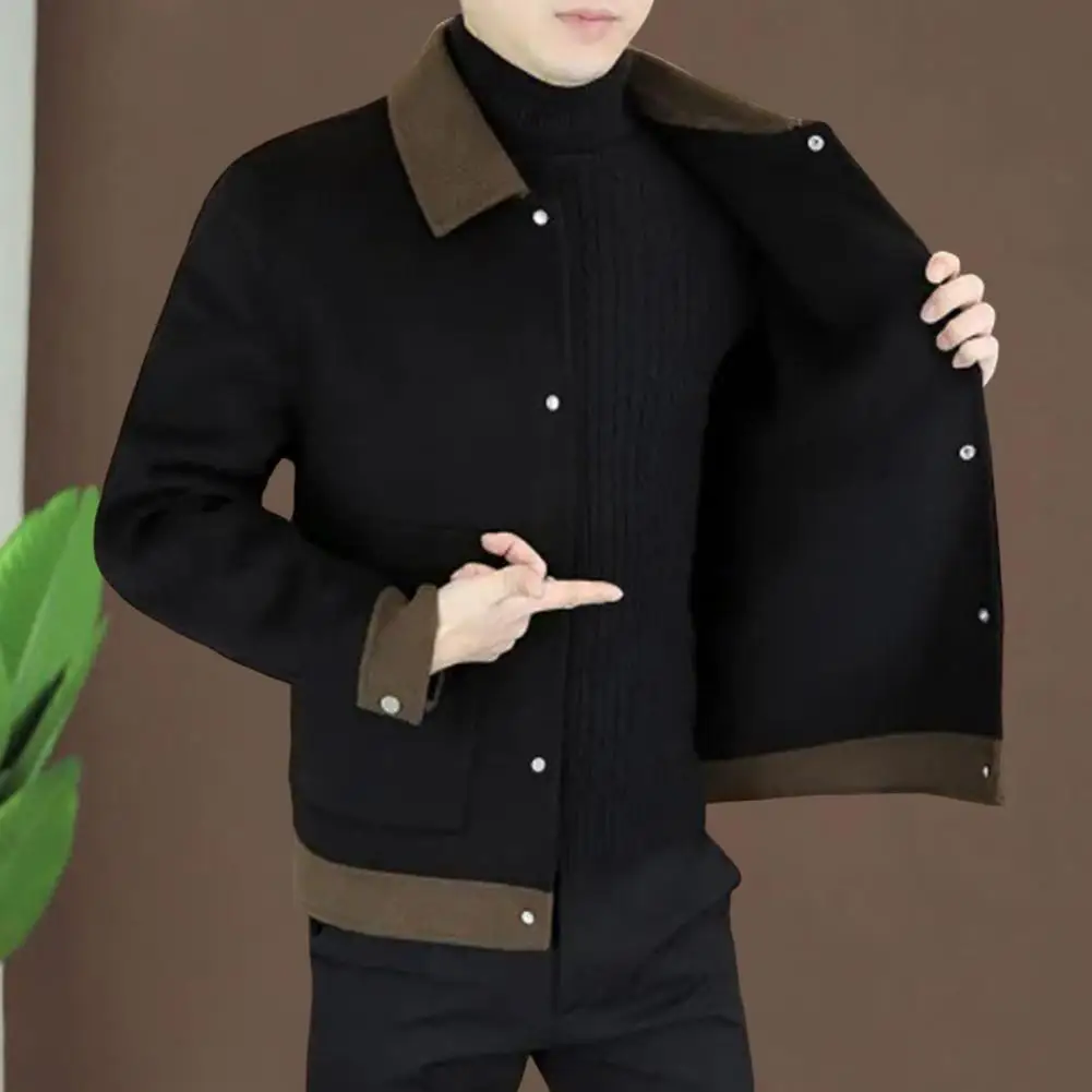 سترة كاجوال محظورة الألوان للرجال معطف صوفي محكم الألوان مع جيوب طية صدر السترة سترة واحدة الصدر لخريف وشتاء #4