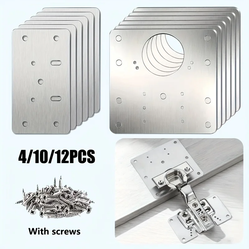 4/10/12 Pcs Hinge Repair Plate Kit with Screws, Heavy Duty Fixing Bracket for Cabinet, Wardrobe & Furniture Door Reinforcement