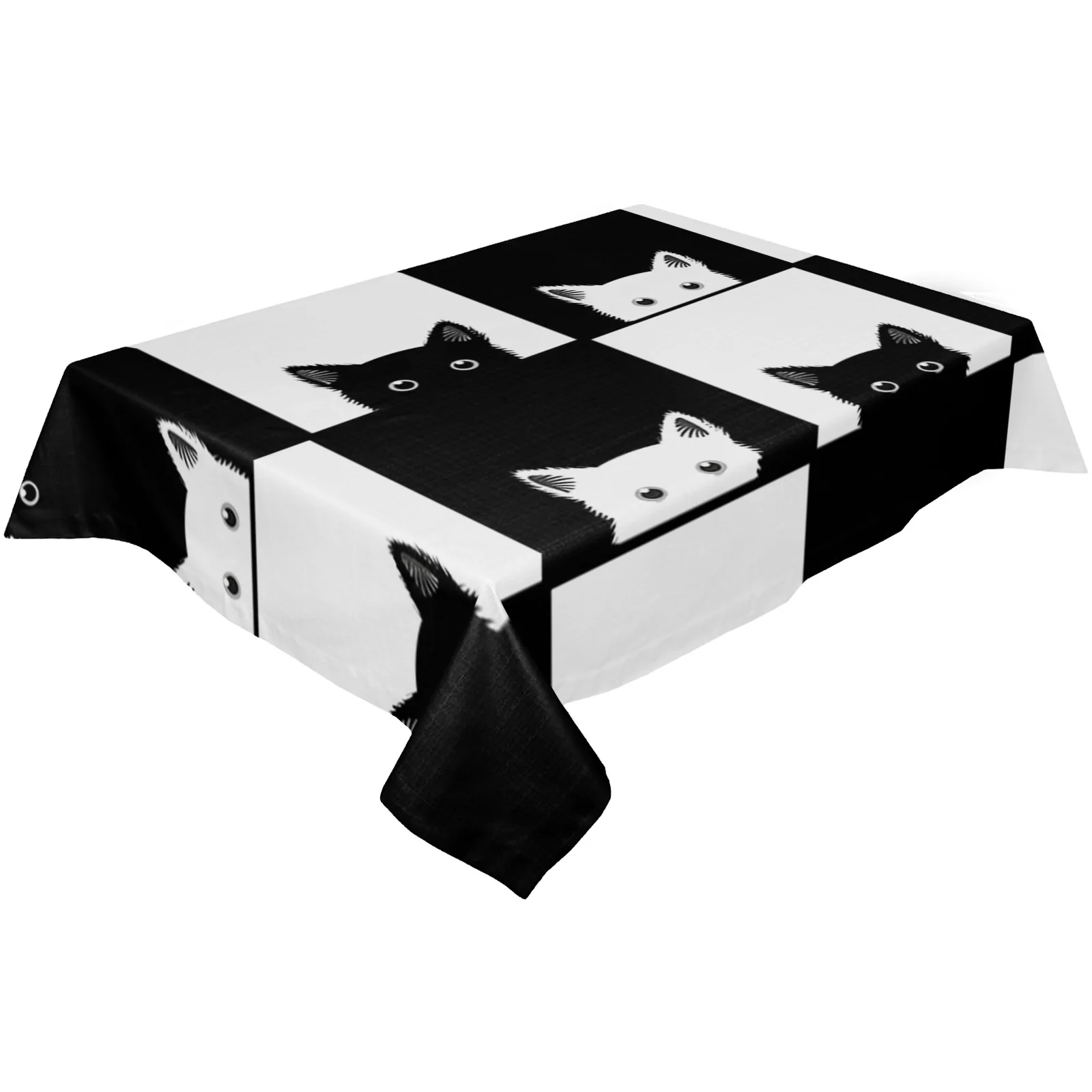 Geometic Black White Plaid Cat Waterproof Tablecloth Party Decorations Supplies Rectangle Table Cloth for Kitchen Table Decor