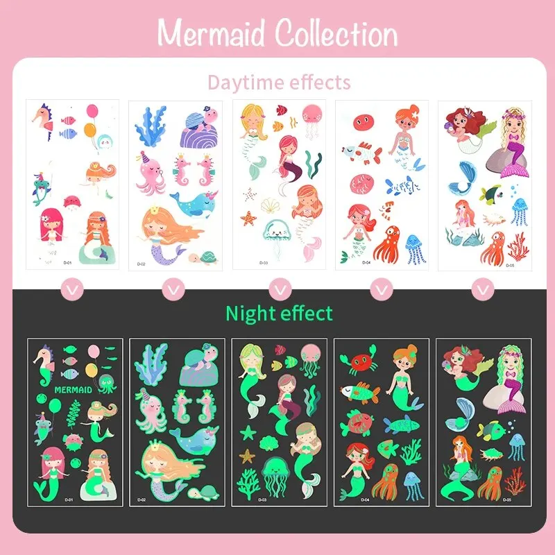 15 Sheets Carton Lumious Tatoo Kids Play Temporary Tatoo Sticker for Childrens Body Art Mermaid Sticker Glow Paste on Face Arm