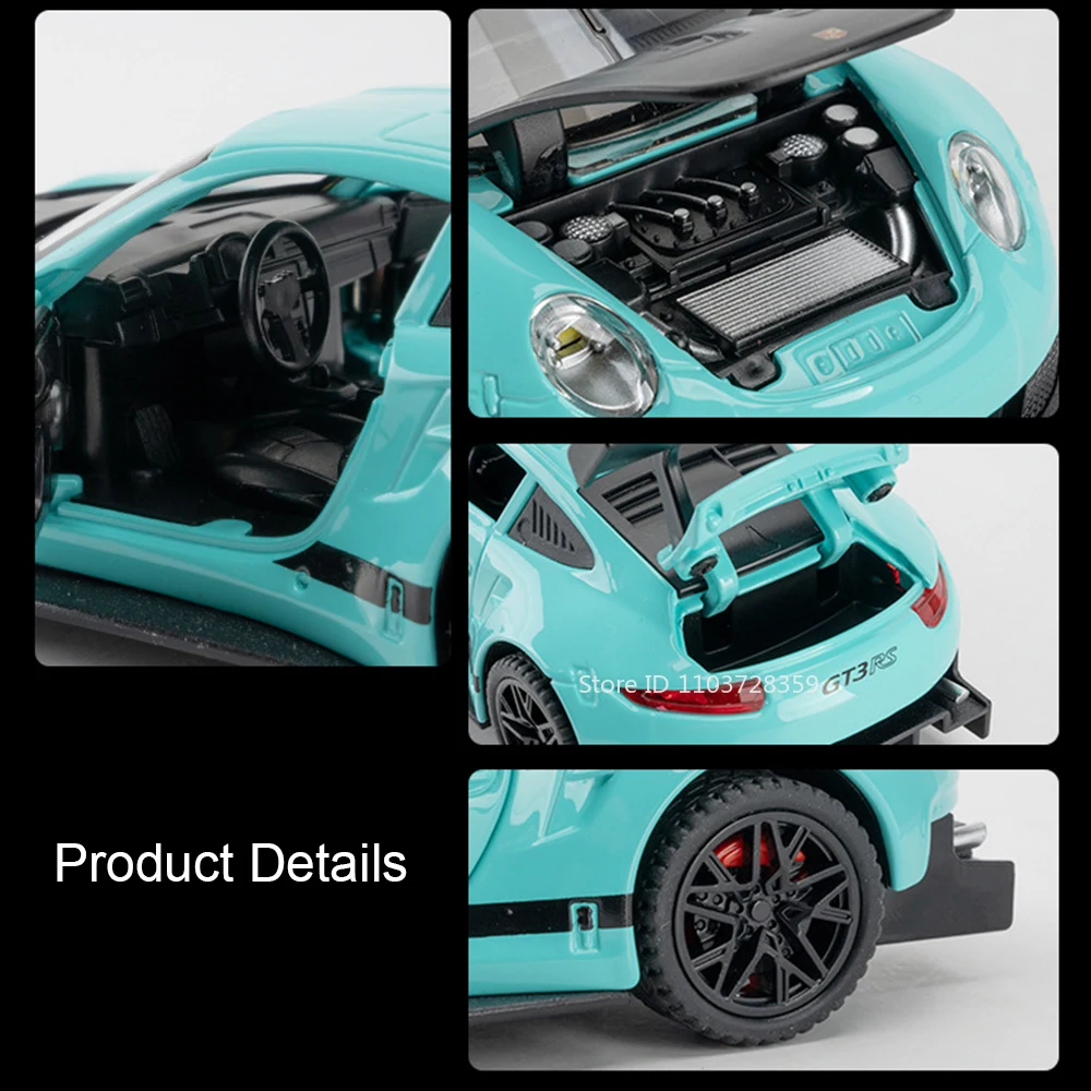 1:32 GT3RS Mini Sports Car Model Toys Alloy Diecast 911 Supercars 4 Doors Opened Sound Light Pull Back Rubber Tires Kids Gifts