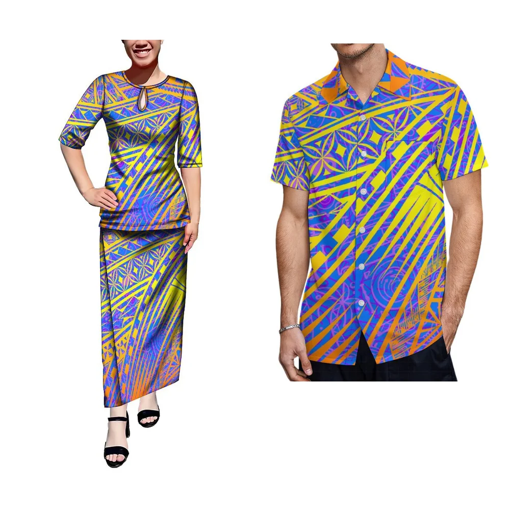 Summer Short Sleeve New Set Skirt Samoa Hibiscus Pattern Road Custom Women Puletasi Men'S Shirt Polynesian Couple Clothing