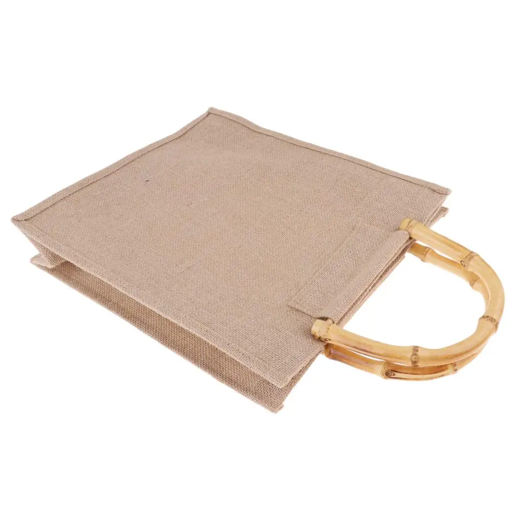Burlap Linen Handbag Environmental Reusable Shopping Bag Bamboo Handle for Tealeaf Box Luxe Designer