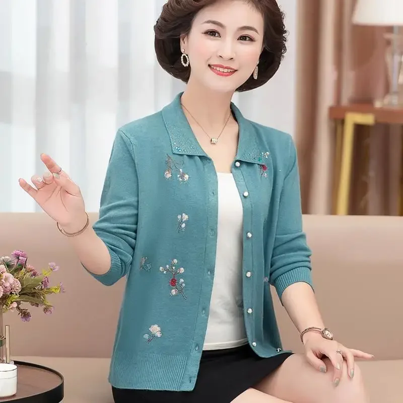 

Women's Sweater Cardigan Spring and Autumn Embroidered Diamond Plus Size Korean Jacket Knit Cardigan Long Sleeve Coat Thin Top