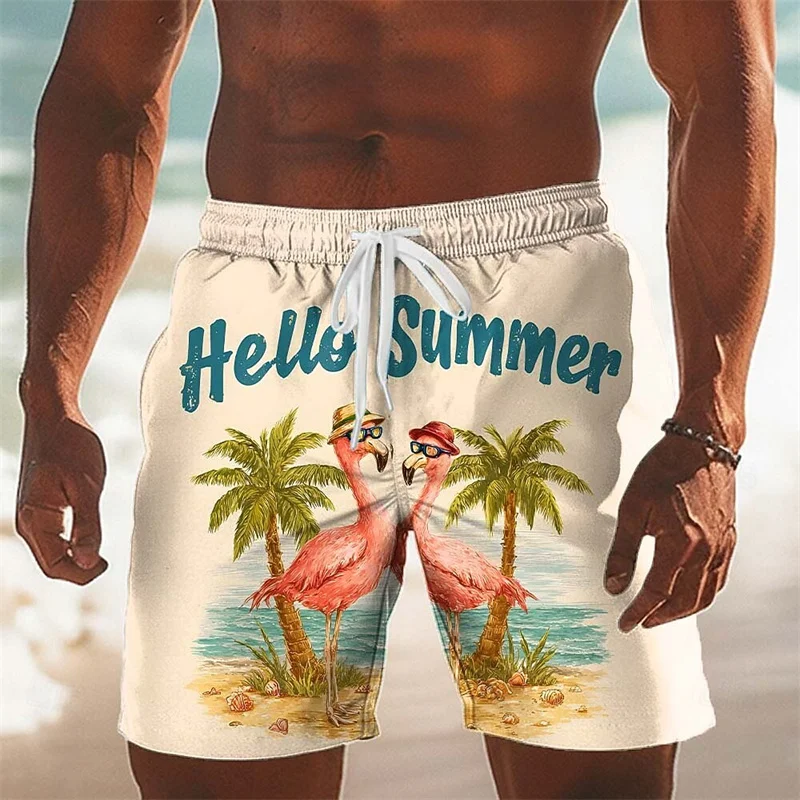 

Мужские шорты для пляжа с забавным принтом: фламинго и кокосовые пальмы. Дышащие, повседневные, в гавайском стиле. Модный тренд для отпуска.