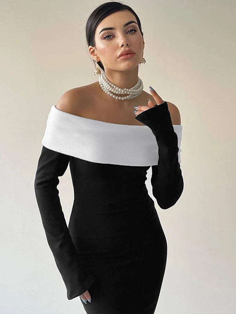 Dulzura Black Long Sleeve Off Shoulder Maxi Dress For Women Bodycon Sexy Outfit Elegant Long Dress Birthday Evening Clothes 2024