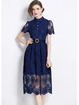 High Quality Designer Fashion Lace Hollow Out Summer Long Dress Women's Luxury Design Runway Party Dresses Vestidos With Belt