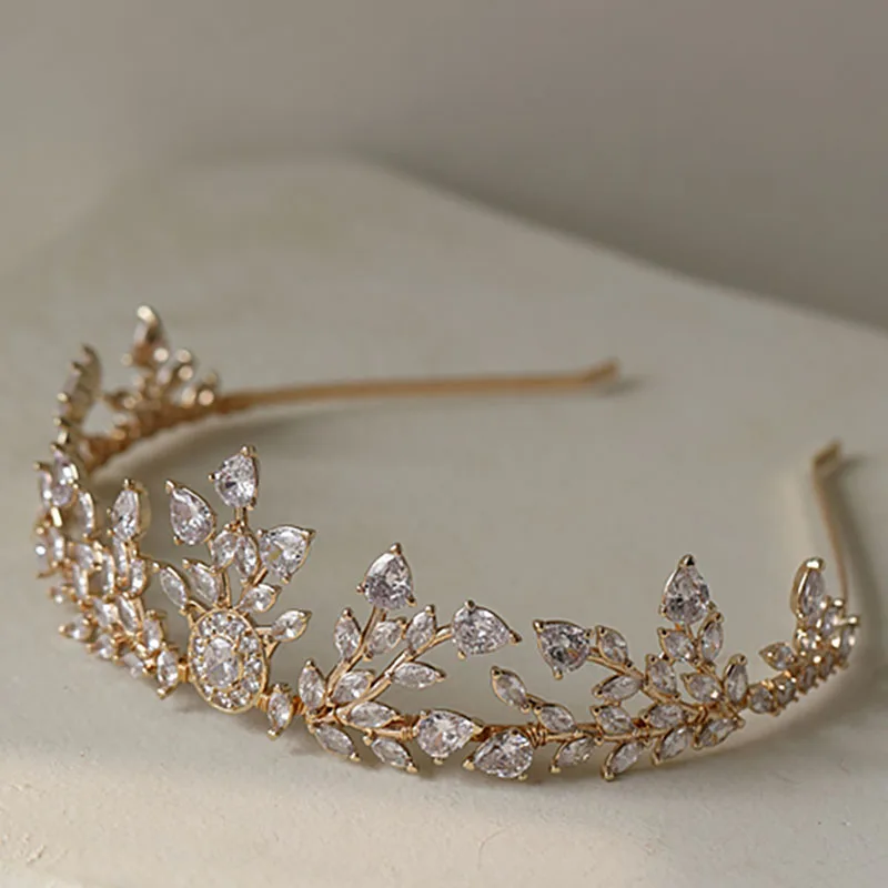 Wedding Tiara Headband Shine Zircon Bridal Crown Accessories Copper Leaf Women Hairband Hair Piece