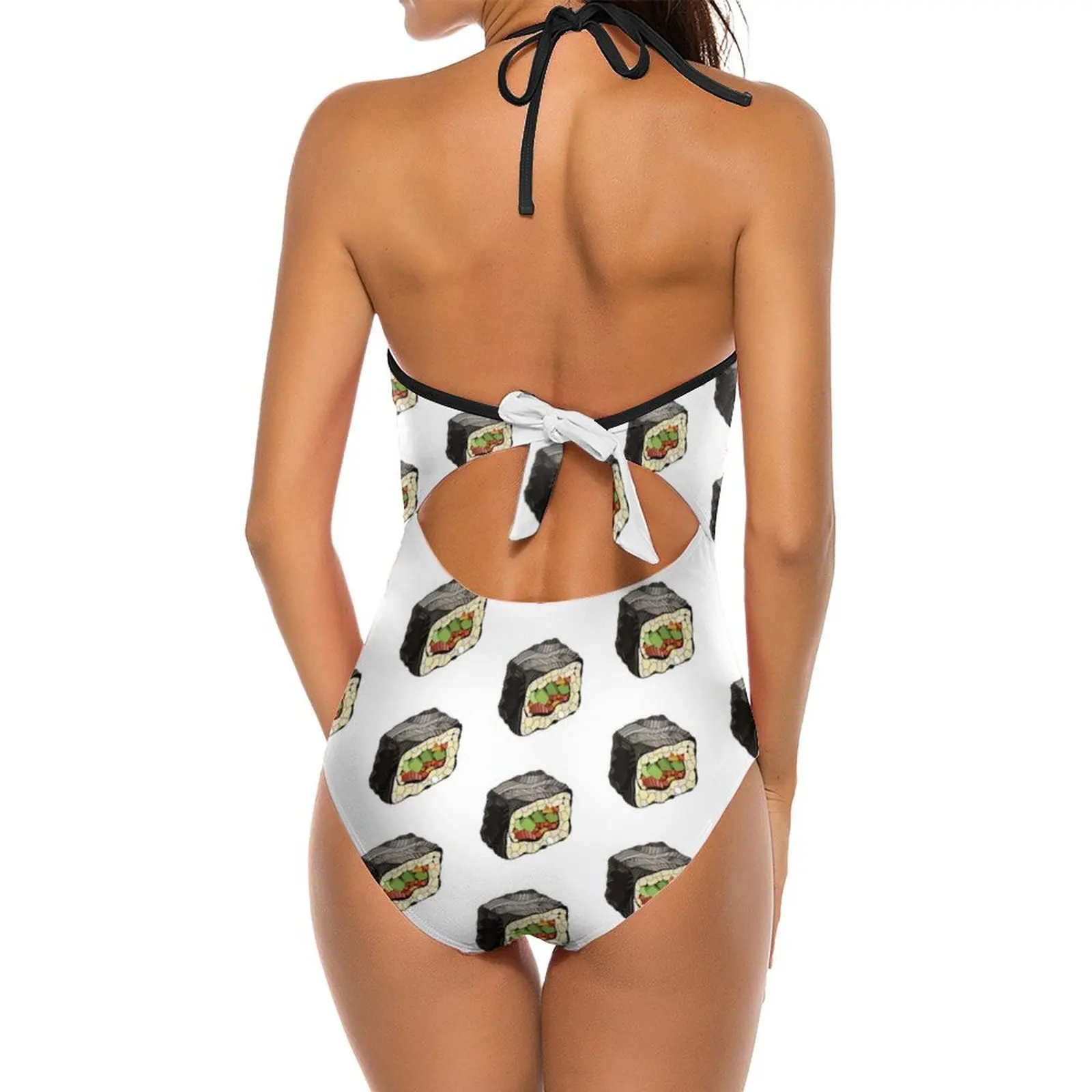 Sushi Illustration Sexy One Shoulder One Piece Swimsuit New Mesh Patchwork Swimwear Monokini Adult Appetizer Asia Asian Aztec