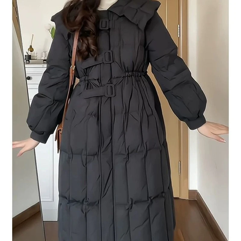 Winter Autumn Long Style Down Coat For Women New Korean Doll Neck Coat Female Slim Fit Mid Length Sweet Solid Color Down Coat