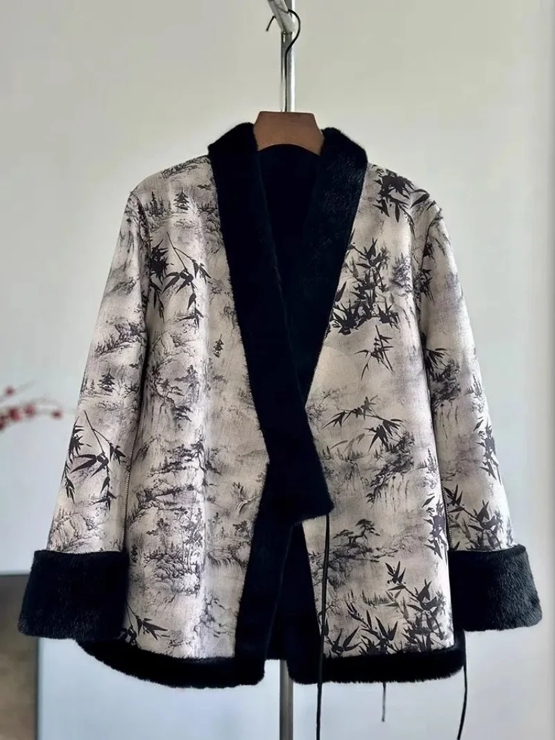 

Imitate Mink Velvet Jacket 2025 Winter New Temperament Chinese Style Printed Fur Integrated Coat For Women w1735