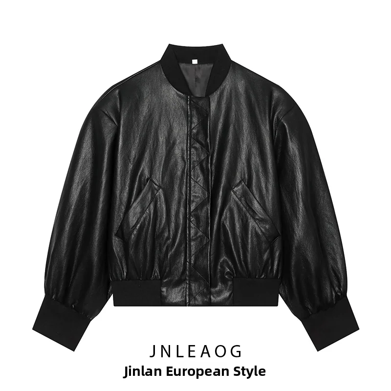 JNLEAOG Autumn New Women's Leather Effect Pad Shoulder Pilot Jacket Coat Short Zipper Closure Polyester Fiber 100%