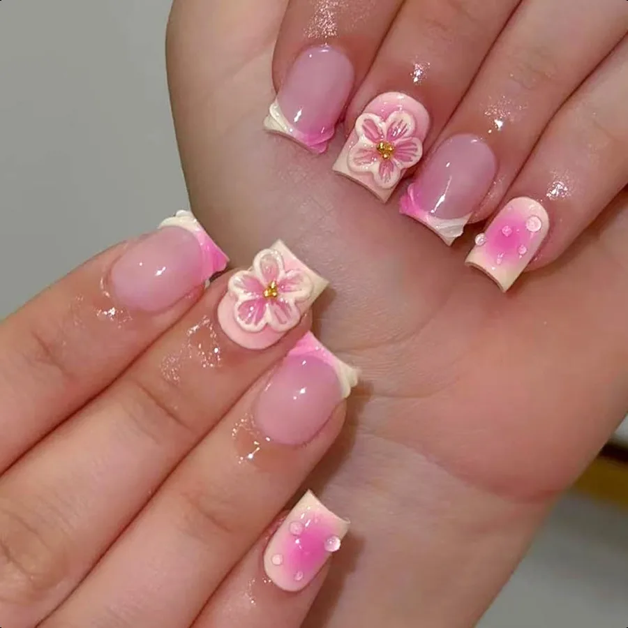 

3D Цветок Французский Кончик Pr on Nails Румяна Градиент Накладные Ногти Симпатичные Короткие Квадратные Акриловые Клей На Ногтях Глянцевый Полный Покрытие Искусственный
