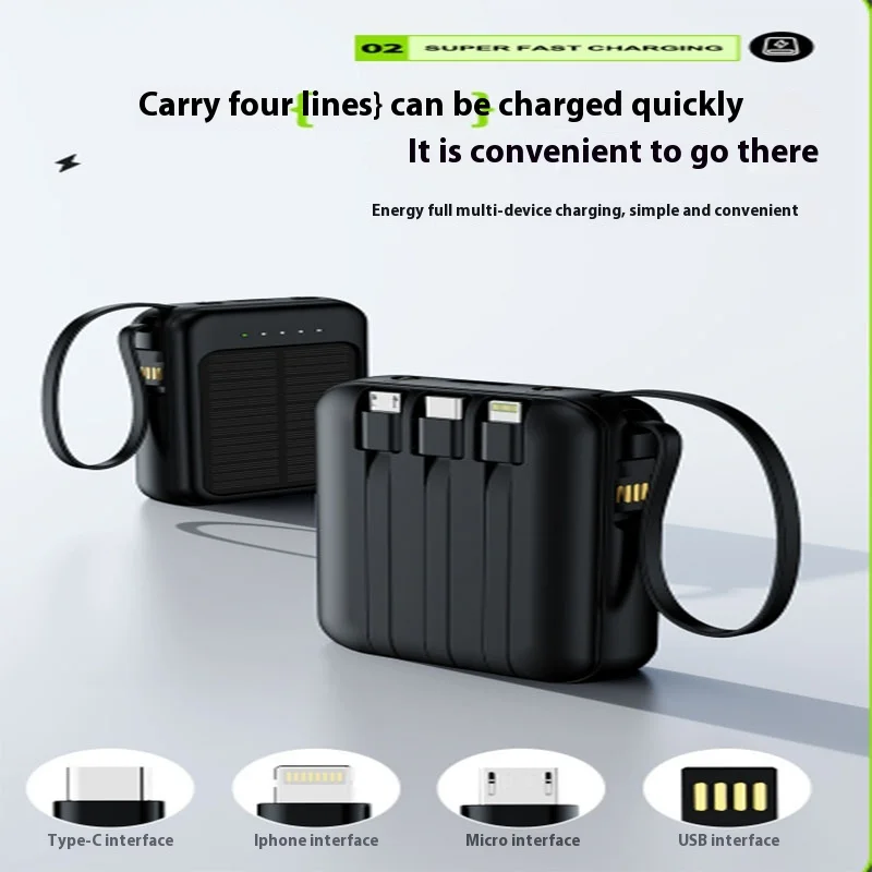 20,000mah Large-Capacity Solar Power Bank Usb With Built-In Four-Wire Mini Portable Outdoor Power Bank Battery Gift