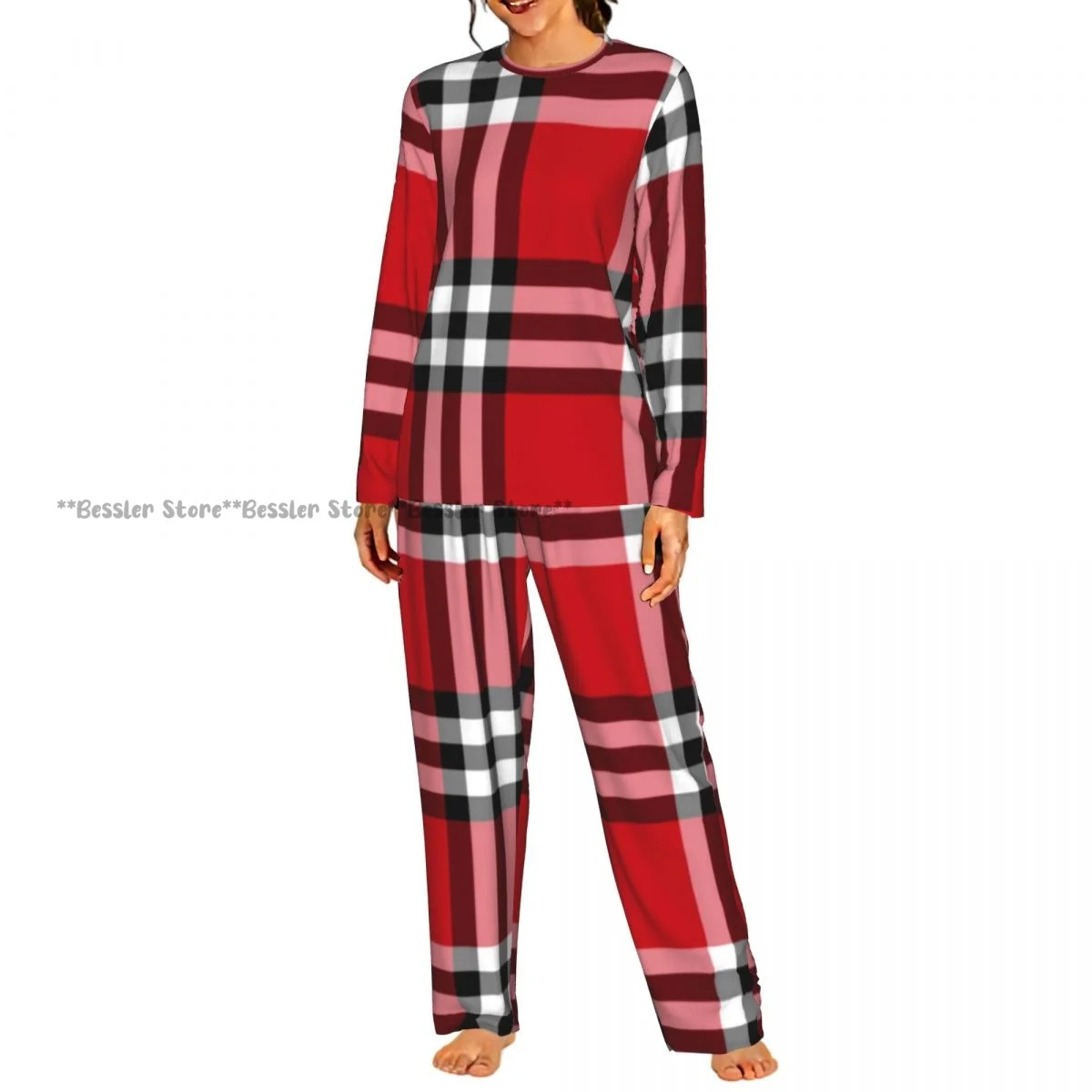 Women Round Neck Pajama Suit Long Sleeve Tops Long Pants Tartan Red And Black Plaid Ladies Nightwear Home Outfit