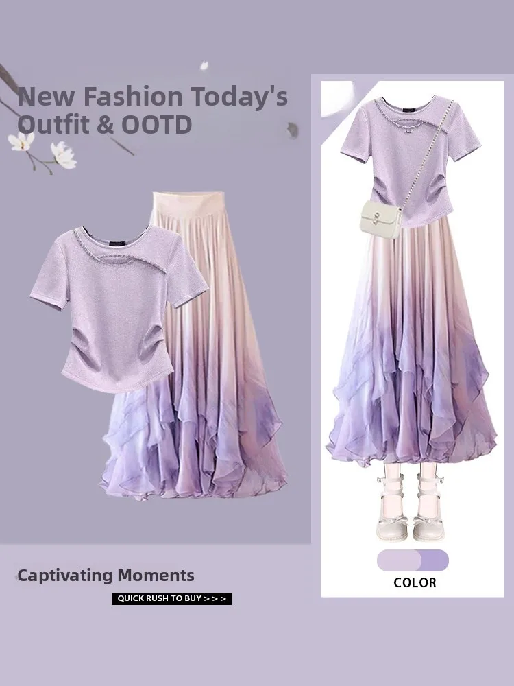 

Summer Purple Dopaamine Anti-Aging round Neck Top plus Slimming Half Skirt Two-Piece Set Women's Fashion Casual Wear