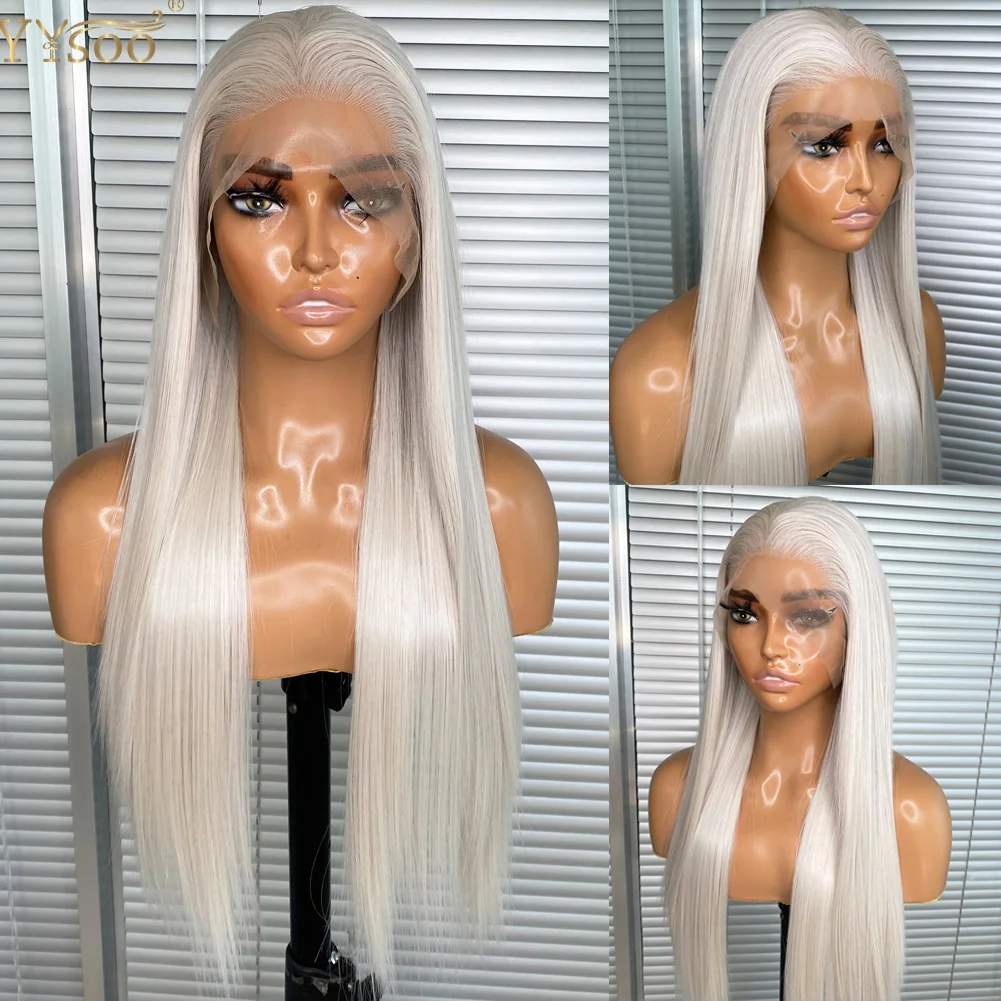 

YYsoo 60# Long White 13x6 Futura Synthetic Lace Front Wigs for Women Glueless Heat Resistant Pre Plucked Hairline 6inch Part
