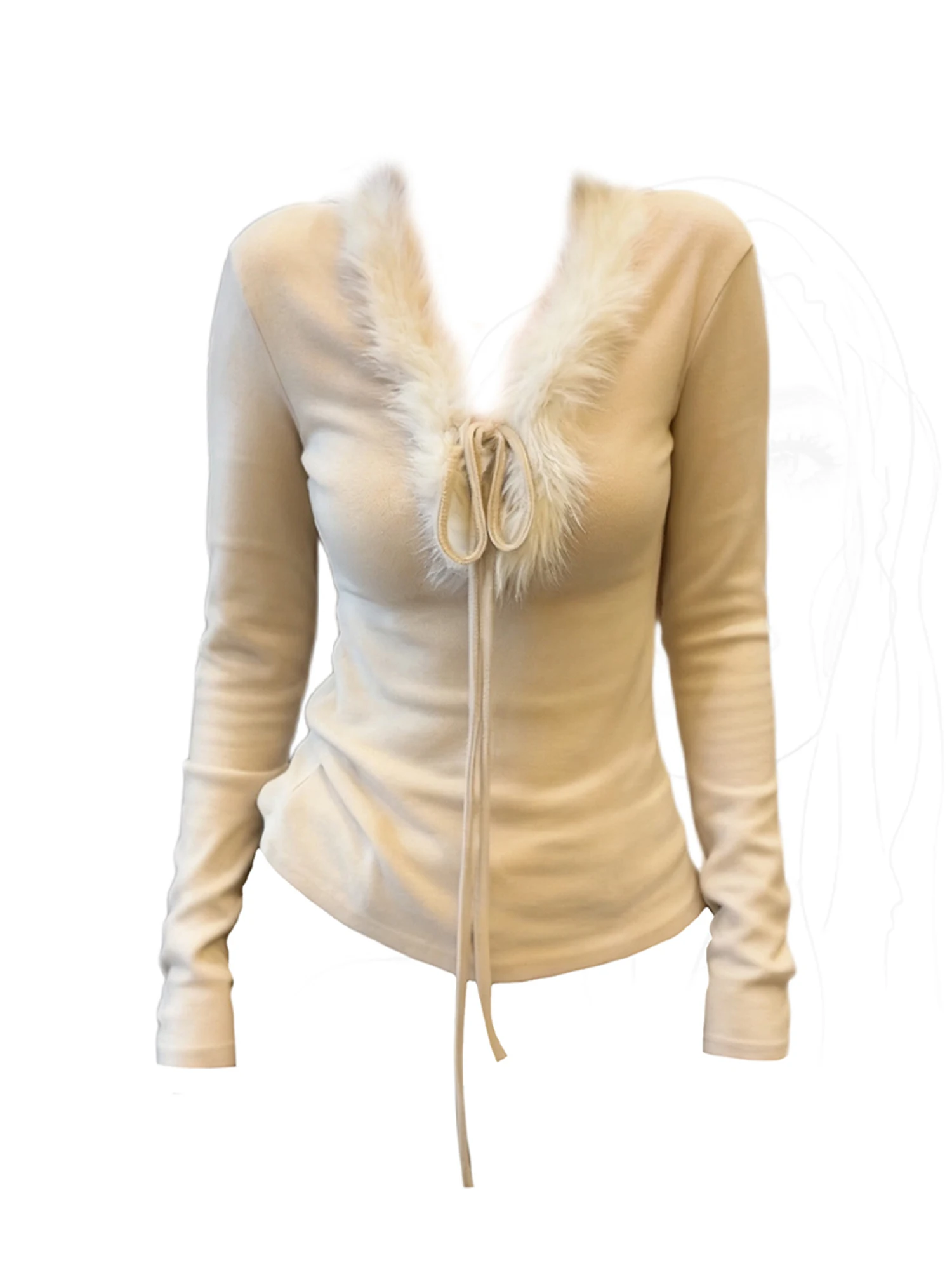 

Женская абрикосовая футболка с v-образным вырезом, эстетичная футболка Y2k Gyaru, винтажная меховая лоскутная футболка с длинными рукавами, одежда 2000-х годов, весна-осень