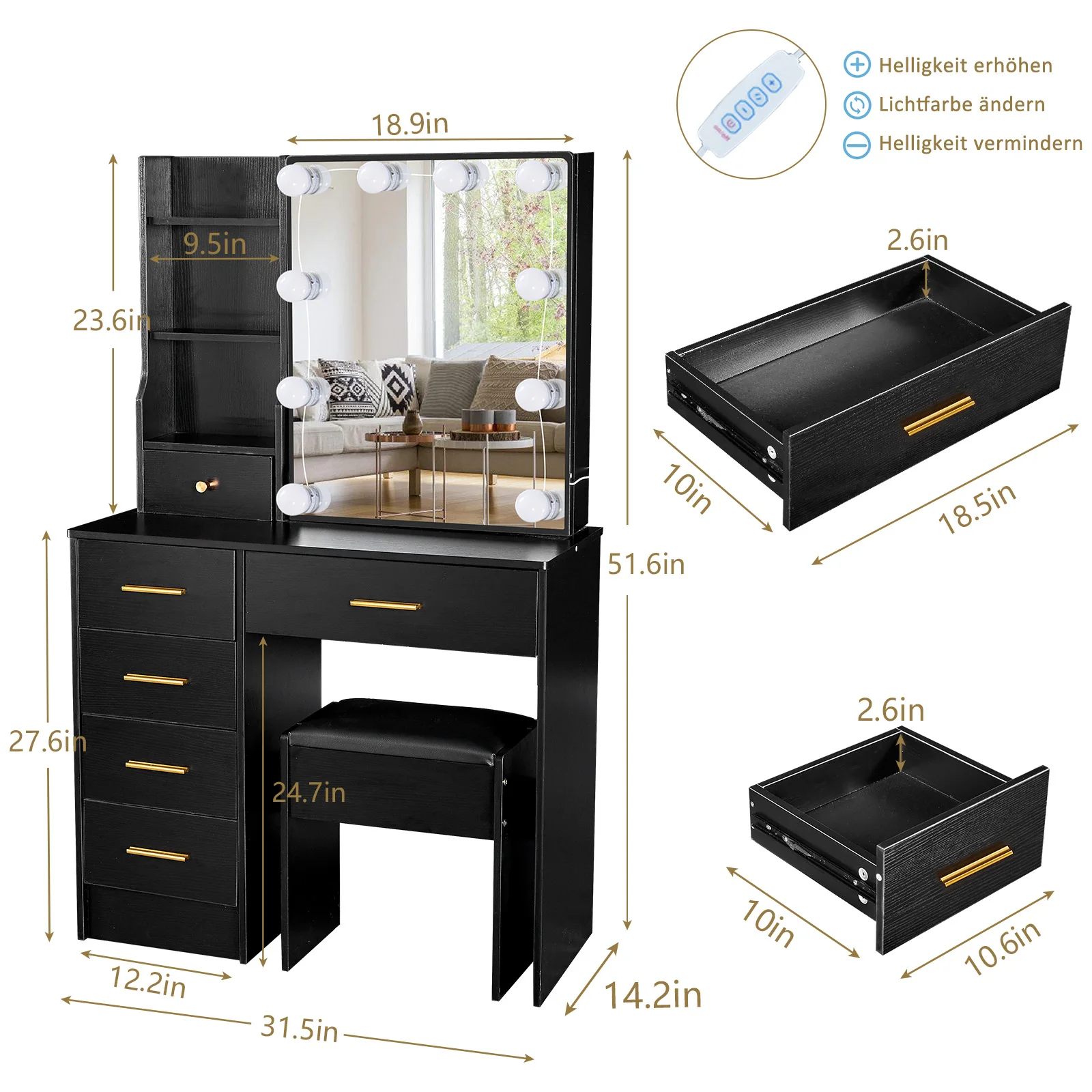 Vanity Desk & Krukset Kaptafel met glijspiegel en 10-LED-spiegel NIEUW - afbeelding 2