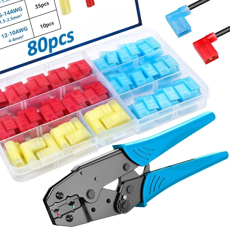

80 шт. нейлоновых изолированных гнездовых клемм-флажков (штыревых) для быстрого подключения проводов, обжимные клеммы 22-18/16-14/12-10AWG с плоскогубцами