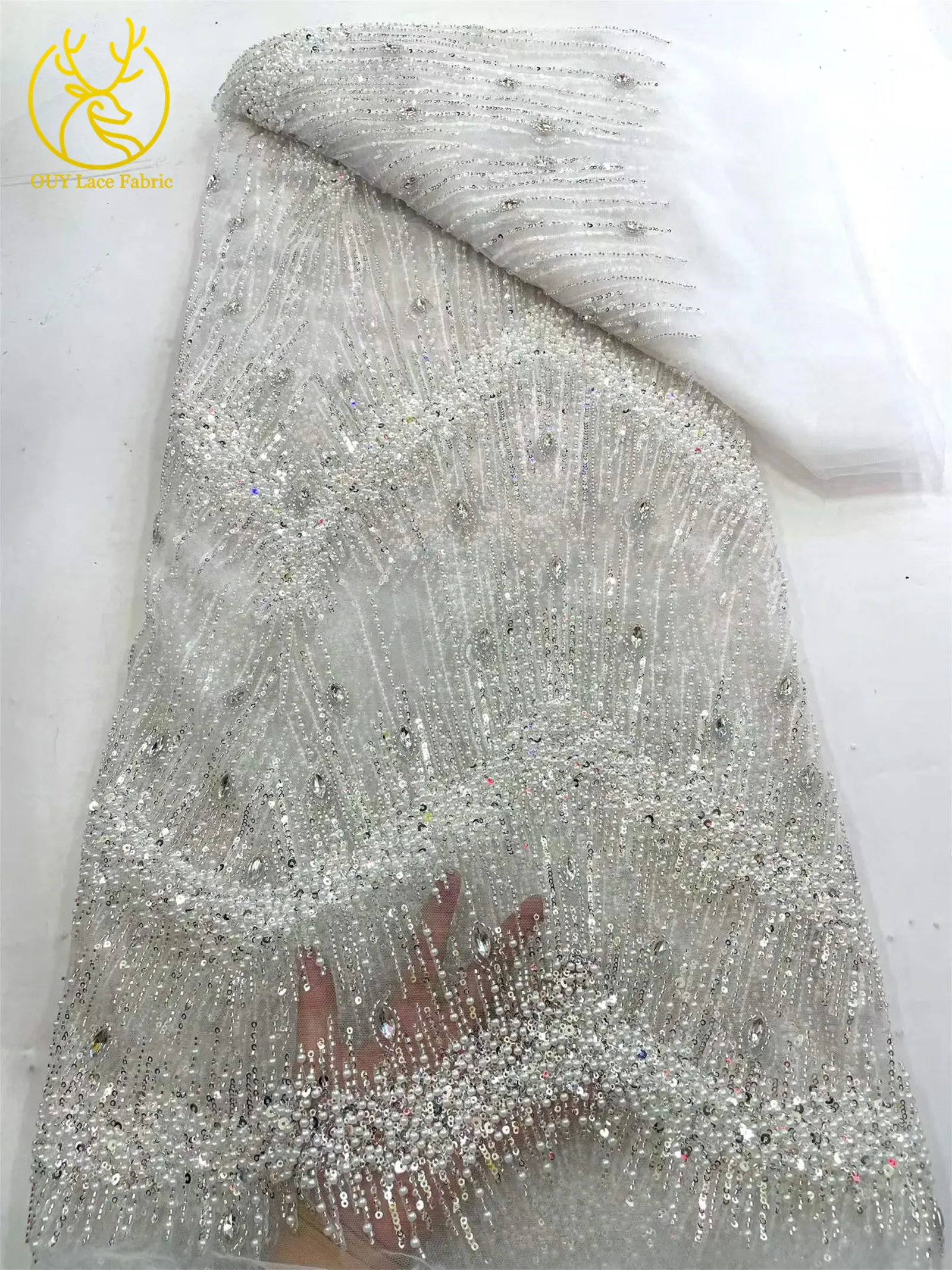 Rosa Hochzeitskleid, afrikanischer Pailletten-Spitzenstoff, 5 Yards, neuer französischer Stein-Pailletten-Tüll-Spitzenstoff für nigerianisches Hochzeitskleid – Detail 6