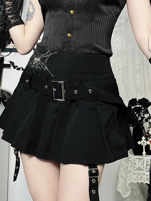 Japanese Rojita Pleated Skirt Short-sleeved Single-breasted Shirt Soft Girl Style Y2k Dark Black Short Maid Skirts For Women