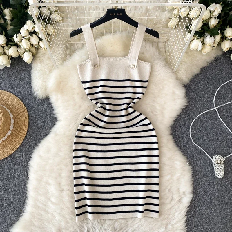 Striple 2024 Sexy Summer Knit Strap Dress Women Tank Elatic Waist Bodycon Sundress Female Beach  Backless Midi Dress