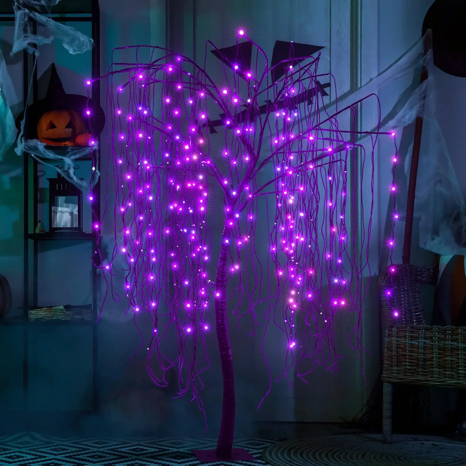 

Halloween Decoration Tree Lights, Willow Lighting Tree, Purple and Orange LED, Black Branch with Spider, LightShare,Ship From US