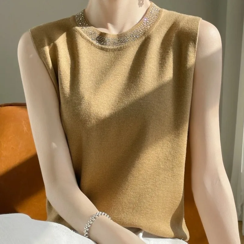 

Womens Rhinestone Tank Top Elegant Sleeveless Knit Camisole Basic Inner Wear