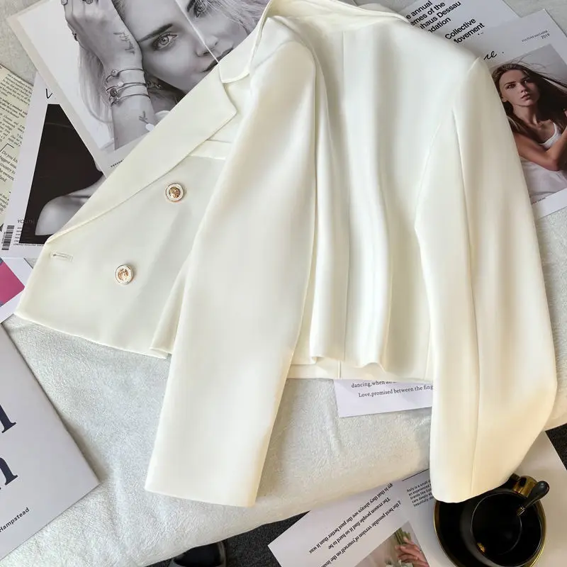 New Spring and Autumn Women\'s Double Breasted White Suit Coat Casual Fit Long Sleeve Suit