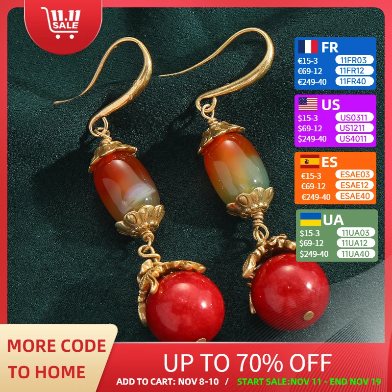 

Vintage Red Agate Drop Earrings Gold Color Natural Stone Chinese Style Elegant Woman Accesories Designer Luxury Jewelry Charm