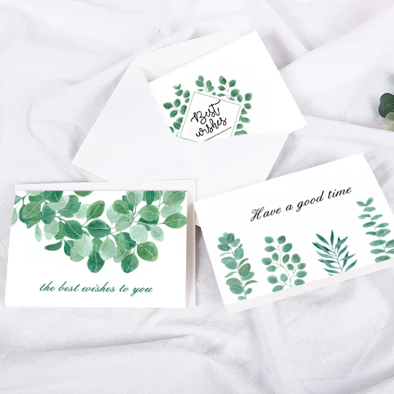 

6 Sheets Green Leaf Thank You Greeting Cards Set Simple and Fresh Thanksgiving Birthday Card Gift Decoration Message Card