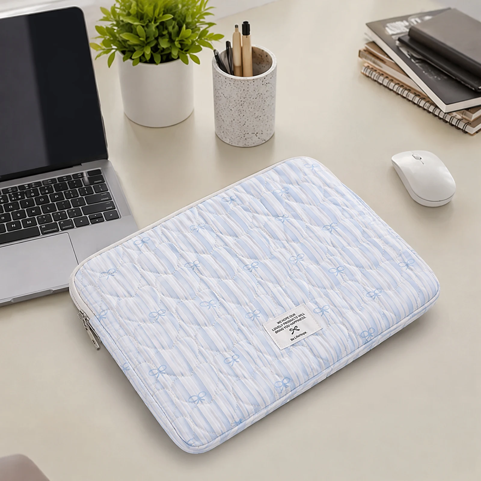 Bow Striped Quilted Computer Laptop Sleeve 11 13 14 15 Inch Padded Tablet Bag Korean Trendy Style Women