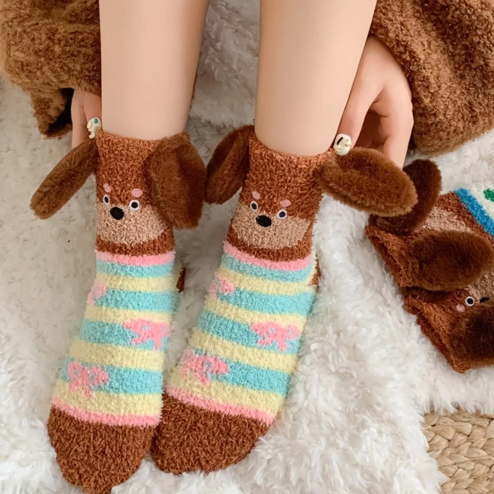 Cartoon Stripe Puppy Ears Coral Fleece Socks Polka Dot Warm Sleeping Socks Soft Dog Thicken Velvet Socks Fall/Winter