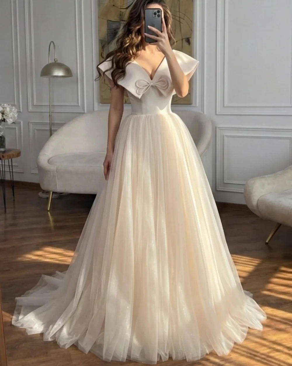 

Customized High Quality Women Tulle Ruched A-Line Evening Dresses Elegant Off-the-shoulder Sleeveless Floor Lenght Prom Dresses