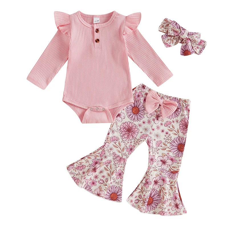 

Infant Baby Girl Long Sleeve Romper Ribbed Bodysuit Floral Pants Flared Pants Bell Bottom Outfits