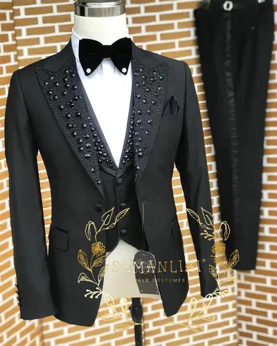 Imagen 2 del producto Trajes negros para hombre, esmoquin de cristal de piedra de lujo, ropa de novio a medida, Blazers de graduación para hombre de negocios de 3 piezas, trajes ajustados personalizados para hombre