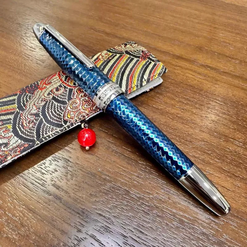 2026 P136  MAJOHN Brilliant Blue Metal-plated Piston Pen, 3D Pattern Anti-slip Stainless Steel Business Gift Ink Pen