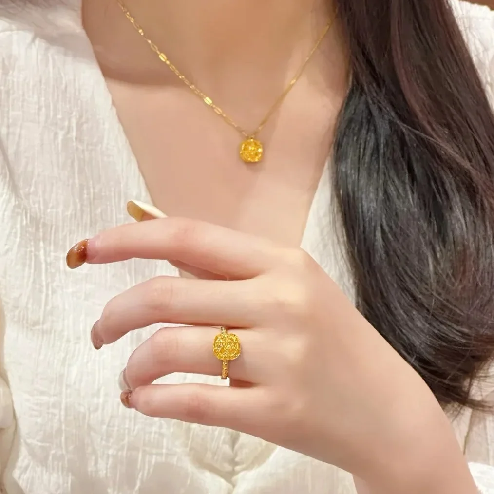 9999 real gold 24K yellow gold Small square sugar necklace suit small square ring earrings