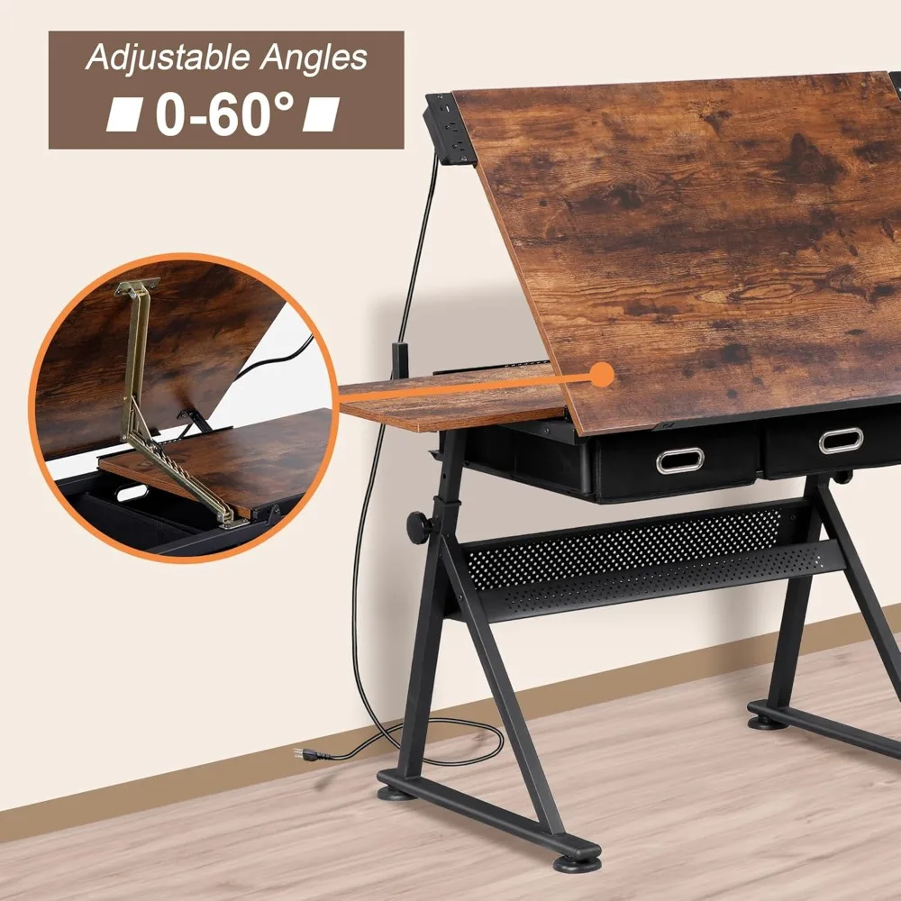 طاولة رسم قابلة للتعديل مع كراسي، طاولة رسم مائل، طاولة فنان مع أدراج تخزين، محطة عمل حرفية