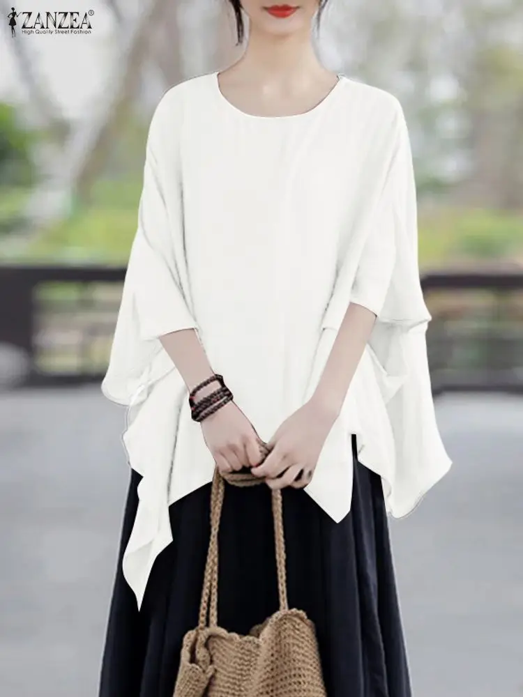 Femmes élégantes Blouses amples 2025 ZANZEA mode été col rond demi manches chemise solide travail Blusas femme asymétrique ourlet hauts