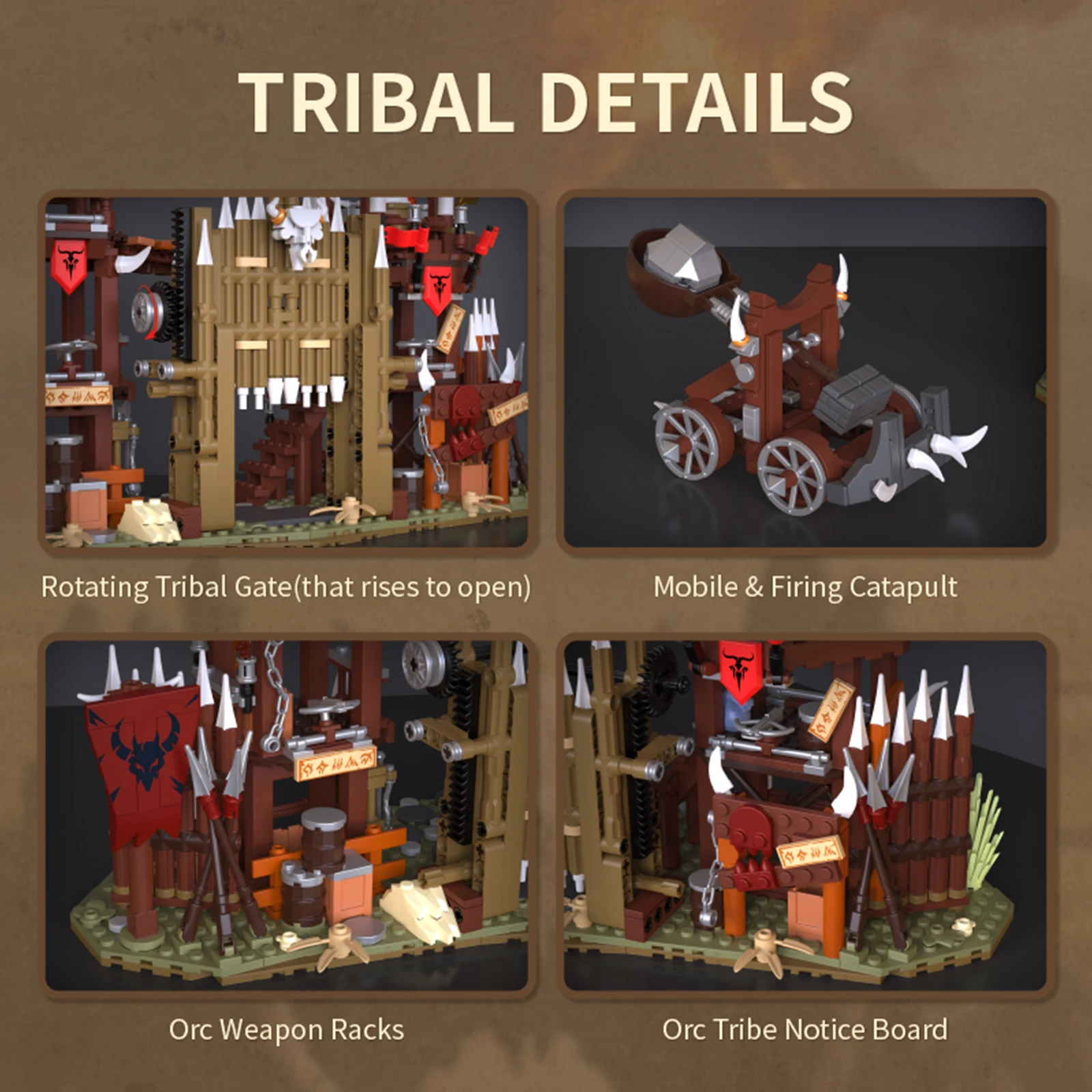 1279PCS Bonefire Gate Building Blocks Primitive Orc Tribe Mobile Gate Lookout Torre Catapulta Modello di Montaggio Giocattoli Regali Di Compleanno