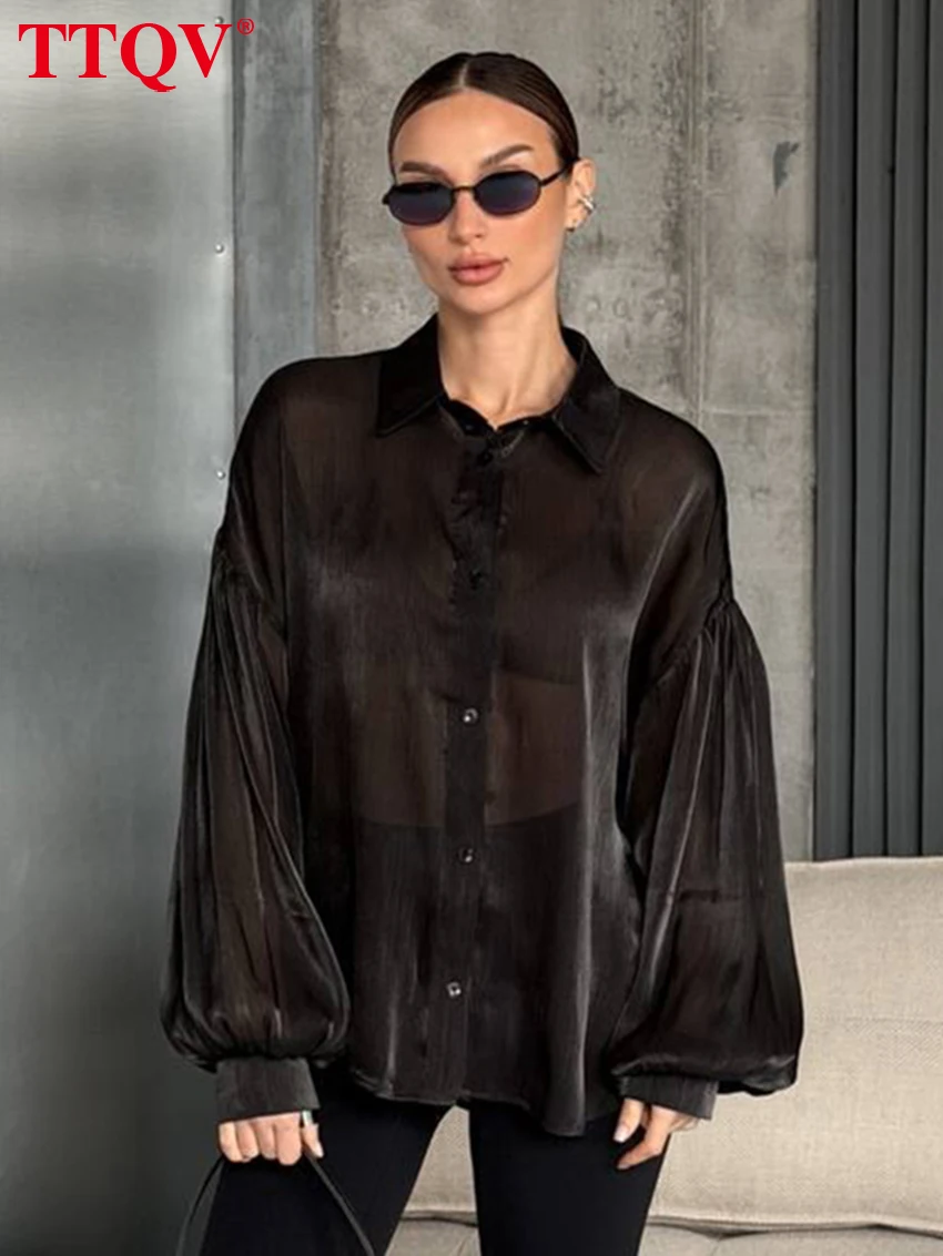

TTQV Fashion Loose Black Women's Shirt 2026 Spring Lapel Long Sleeve Lady Blouse Elegant Classic Solid Top Female Clothing