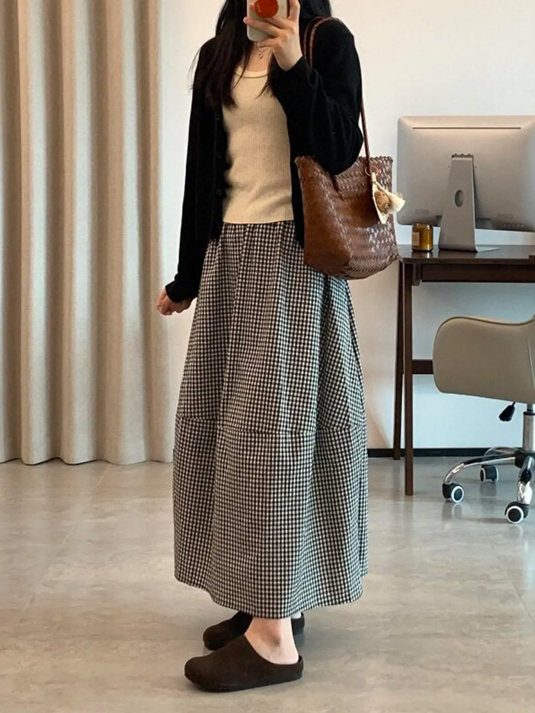 

Юбка-фонарь в винтажную клетку с высокой талией, женская, больших размеров, художественная, миди, корейский стиль, прямой крой