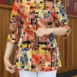 Ladies Summer Fashion Trend Floral Irregular Multicolor Loose O-neck 3/4 Sleeve Top Tee Women Clothing Casual Buttons Blouse