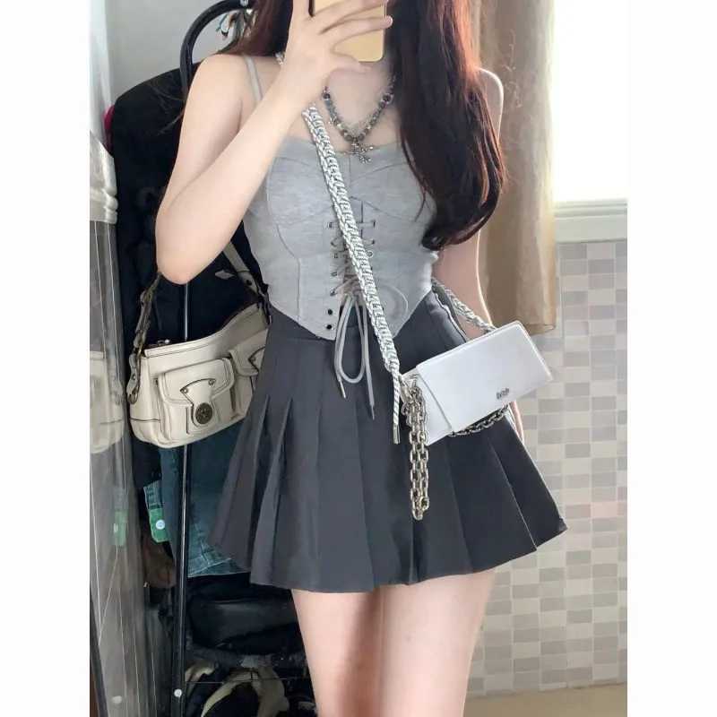 Spicy Girl Fashion Sling Vest Pleated Skirt Two-piece Set Women Lace Up Collarbone Sleeveless College Sweet Slim Summer Suit New