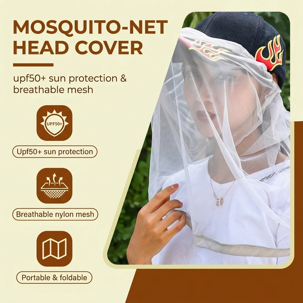 Mosquito-Net Head Cover UPF50+ Sun Protections Lightweight Fishing Veil with Breathable Nylon Mesh
