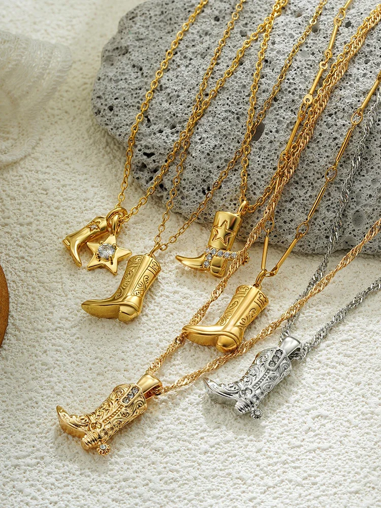Collier de bottes de Cowboy en acier inoxydable pour femmes, plaqué or, pendentif en Zircon CZ, Vintage, hip hop, bijoux cadeau