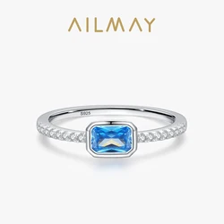 Ailmay Real 925 Sterling Silver Luxury Romantic Rectangle Blue Clean CZ Ring For Women Trendy Wedding Accessories Jewelry Gifts