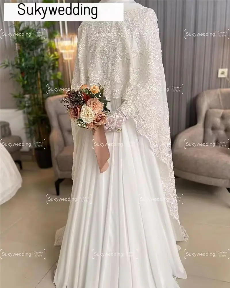 Vestido de novia Hijab musulmán de moda con capa de encaje apliques de gasa de manga larga vestido de novia árabe de Dubái Vestidos personalizados